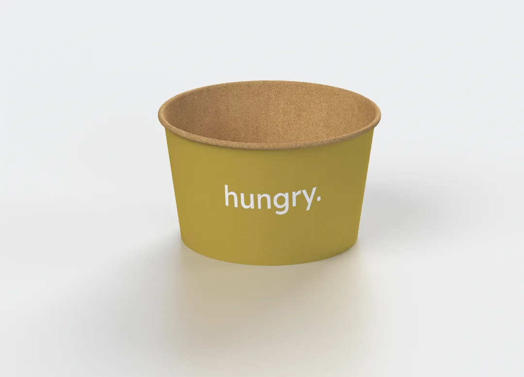 Branded paper food bowl with lid used for restaurant, cloud kitchen, and catering packaging