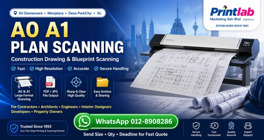 A0 A1 construction drawing plan scanning service in Sri Damansara Kuala Lumpur by Printlab