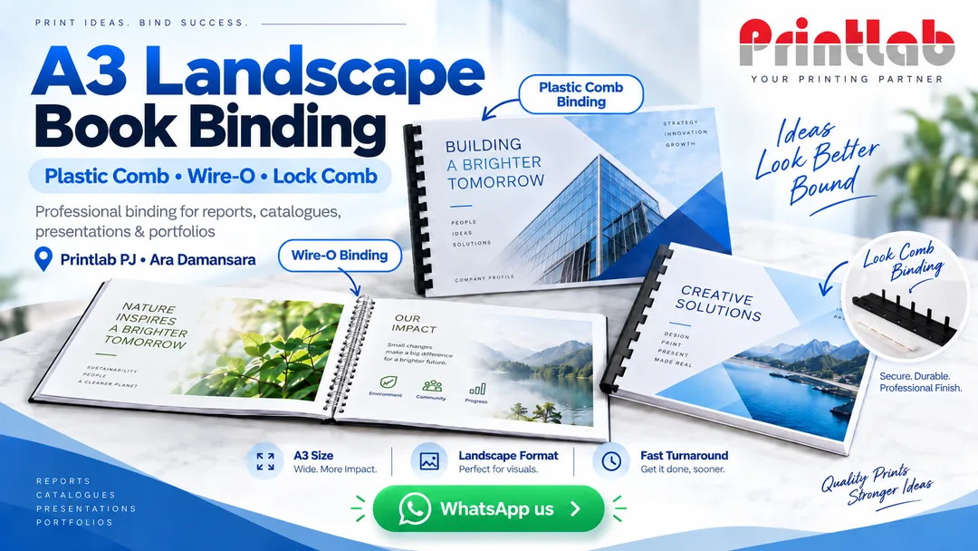 A3 landscape book binding with plastic comb Wire-O and lock comb at Printlab Ara Damansara Petaling Jaya