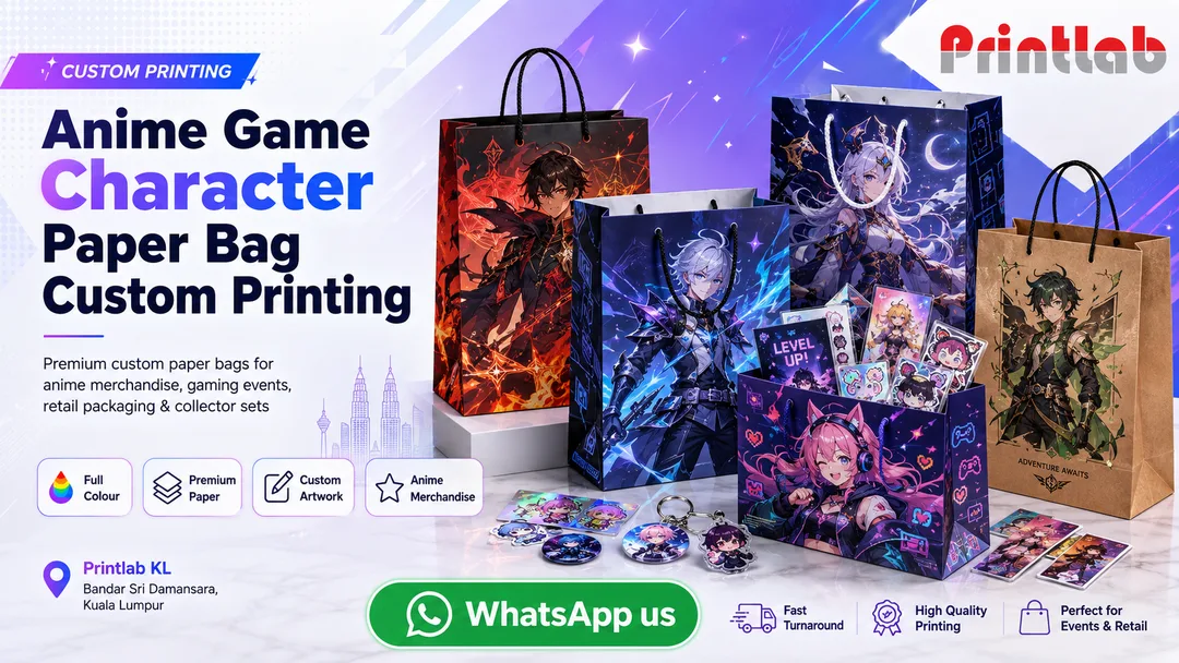 Custom anime game character paper bag printing with full colour artwork and rope handles by Printlab KL Bandar Sri Damansara Kuala Lumpur