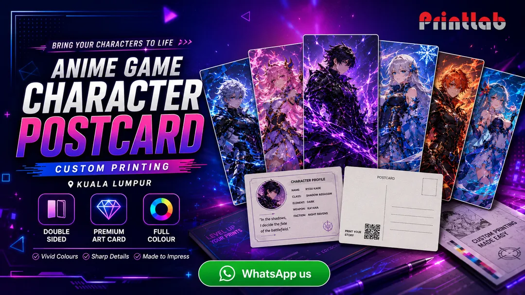 Custom anime game character postcard printing with double sided full colour artwork by Printlab KL Bandar Sri Damansara Kuala Lumpur
