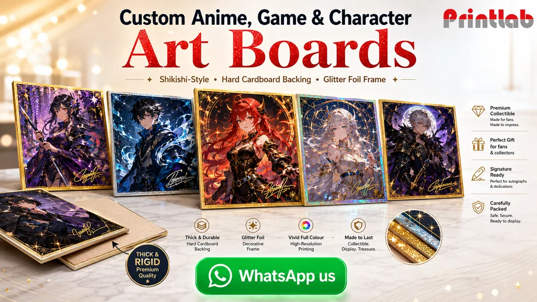 Custom anime game character shikishi style thick illustration board with glitter foil decorative frame and rigid cardboard backing by Printlab KL Malaysia