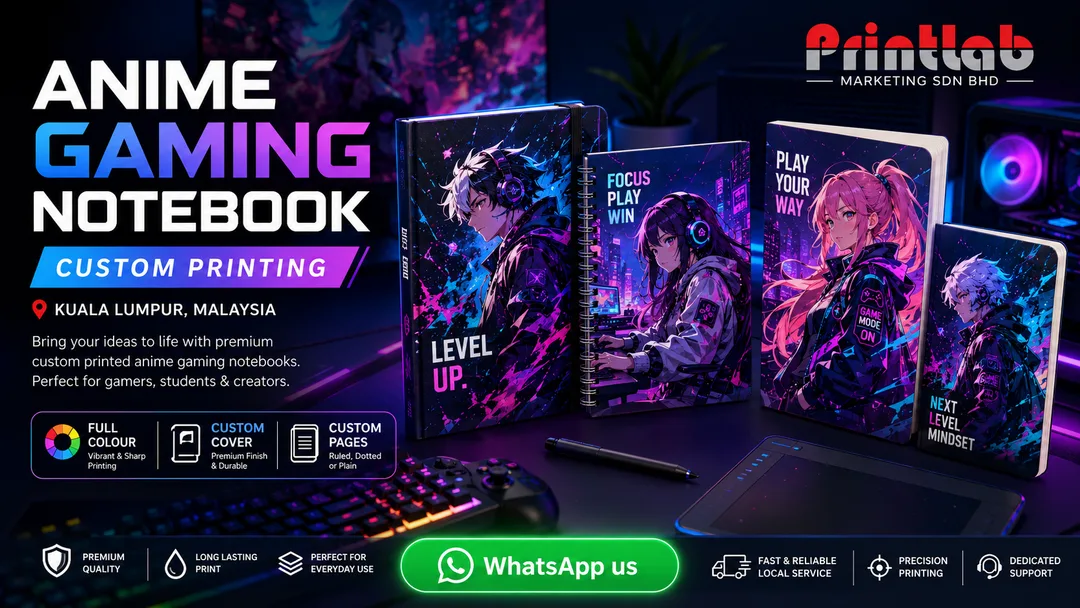 Custom anime style gaming notebook printing with full colour cover by Printlab KL printing factory in Bandar Sri Damansara Kuala Lumpur