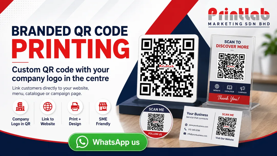 Branded QR code printing with company logo in the centre by Printlab Ara Damansara Petaling Jaya Kuala Lumpur