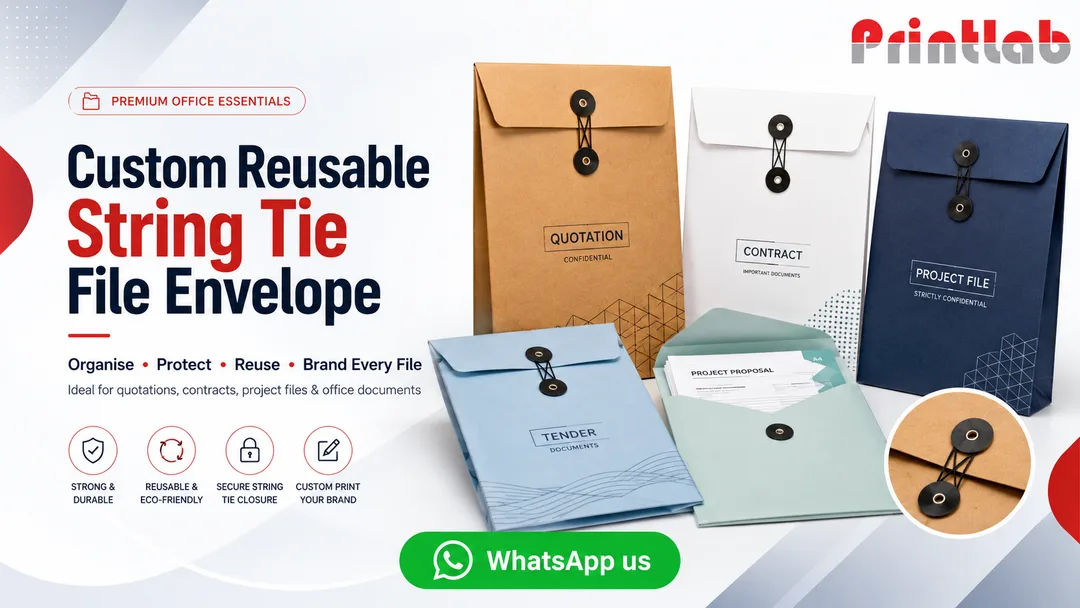 Custom reusable string rope tie office file envelopes with company logo printed by Printlab Kuala Lumpur