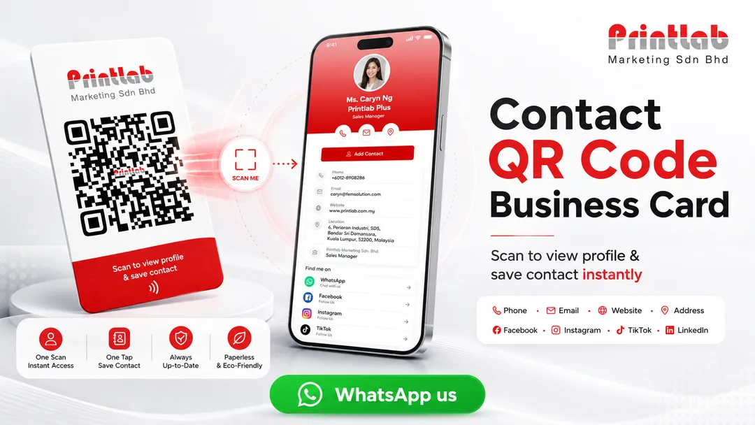 Contact QR code business card with company logo and one-button smartphone contact saving by Printlab Ara Damansara PJ KL