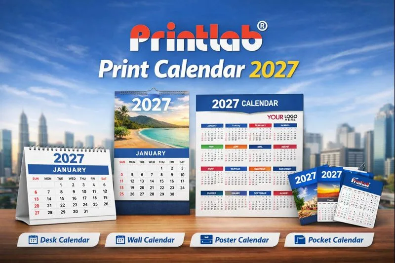 Print calendar 2027 Malaysia by Printlab featuring desk, wall, poster and pocket calendar printing