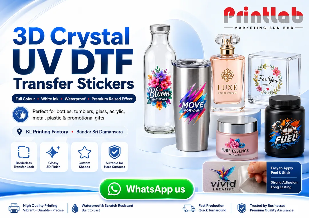 Custom 3D crystal UV DTF waterproof transfer stickers for bottles glass acrylic metal and plastic by Printlab Kuala Lumpur