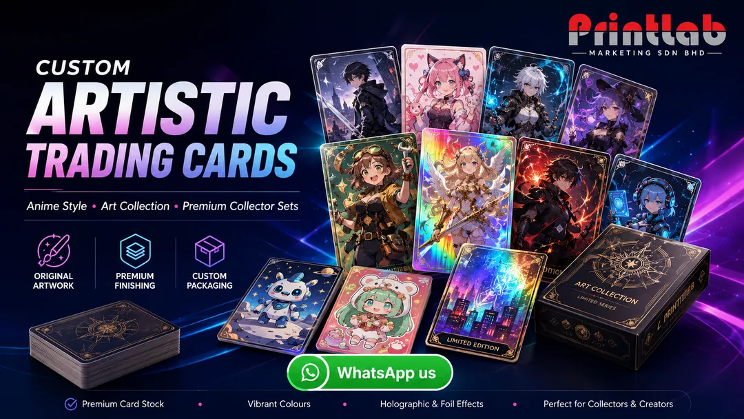 Custom artistic trading cards with anime style illustrations and collectible card sets printed by Printlab Kuala Lumpur