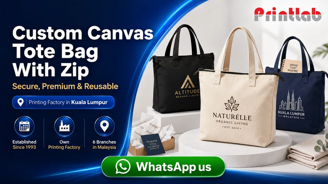 Custom printed canvas tote bag with zip and company logo by Printlab Kuala Lumpur