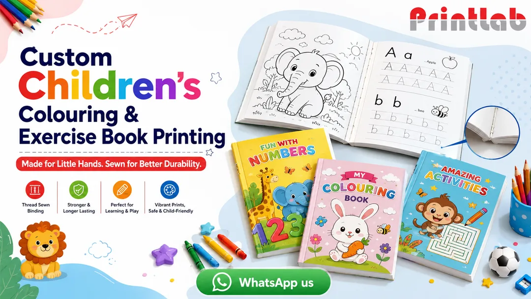 Custom children’s colouring and exercise books with thread sew binding printed by Printlab Kuala Lumpur KL PJ