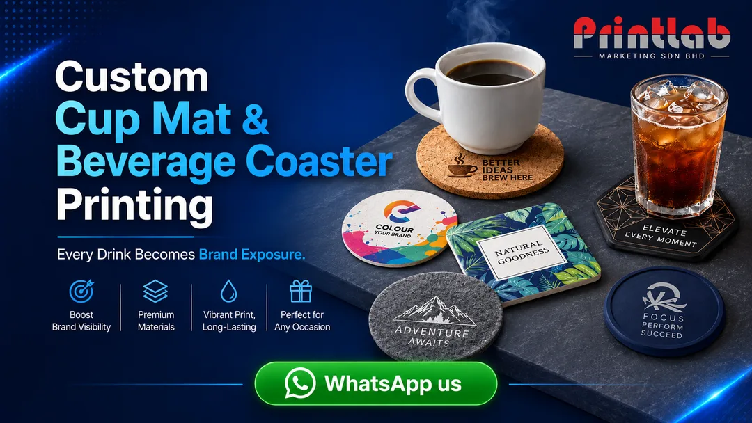 Custom printed cup mats beverage coasters and mug mats with company logo by Printlab Kuala Lumpur