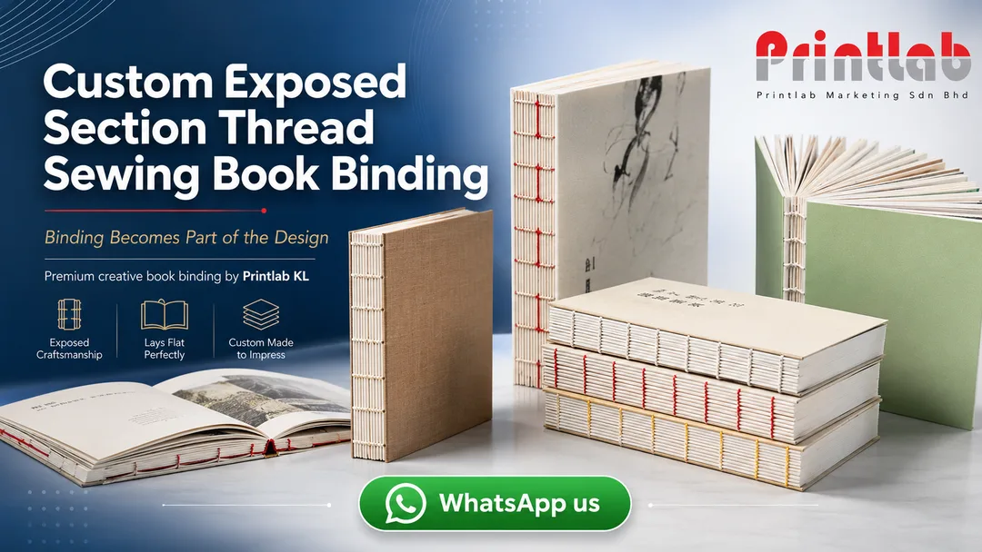 Custom exposed section thread sewing book binding with visible sewn spine by Printlab Kuala Lumpur