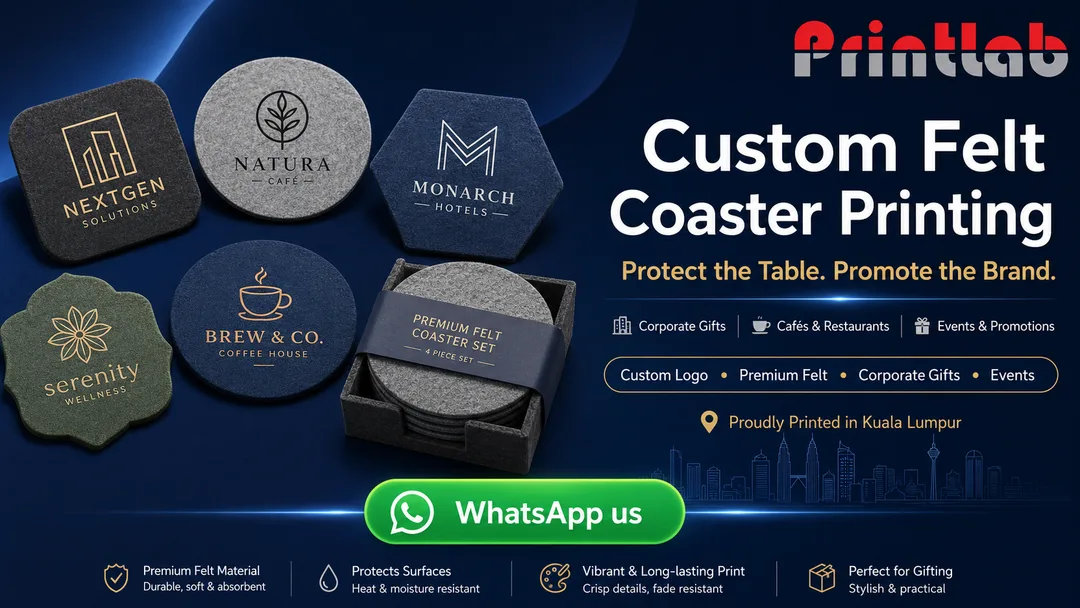 Custom printed felt coasters with company logo by Printlab Kuala Lumpur