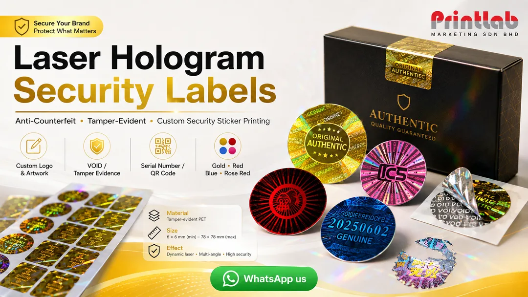 Custom laser holographic anti-counterfeit security label stickers with tamper-evident effects by Printlab Kuala Lumpur