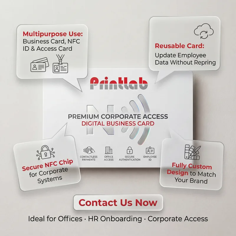 Smart business card Malaysia with NFC and IC chip printed by Printlab, premium PVC card with 3D spot UV and gold stamping finish.