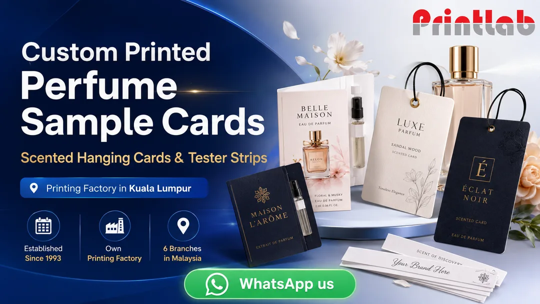 Custom printed perfume sample cards, scented hanging cards and fragrance tester strips by Printlab Kuala Lumpur
