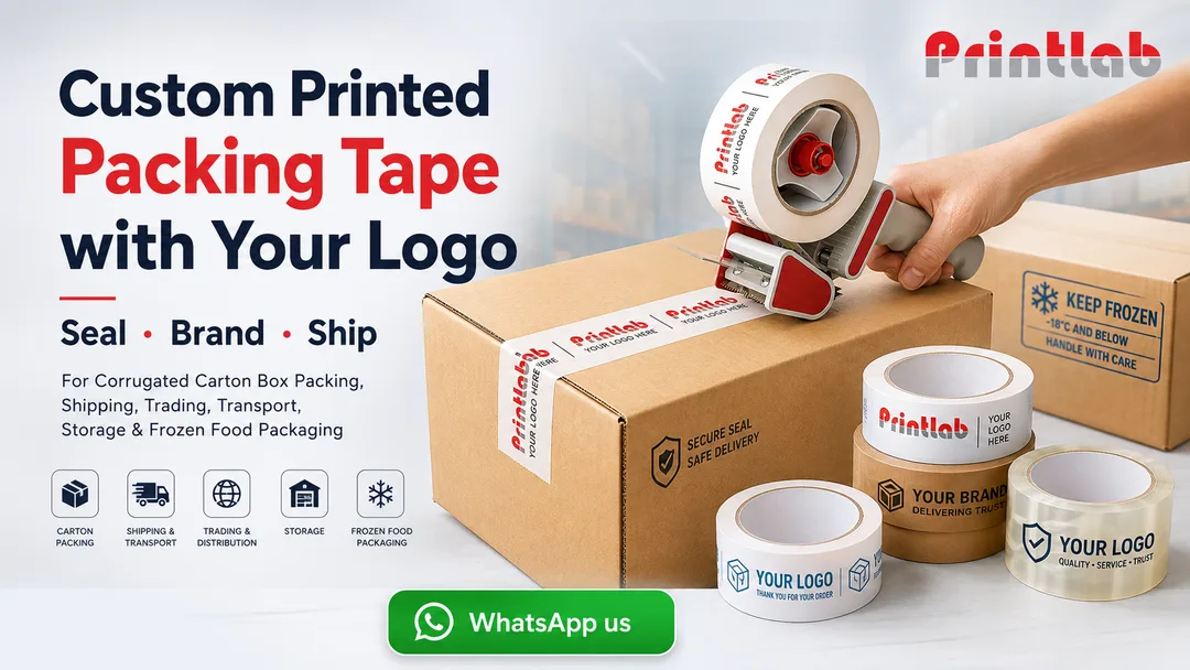 Custom printed packing adhesive tape rolls with company logo for corrugated carton box sealing by Printlab Kuala Lumpur