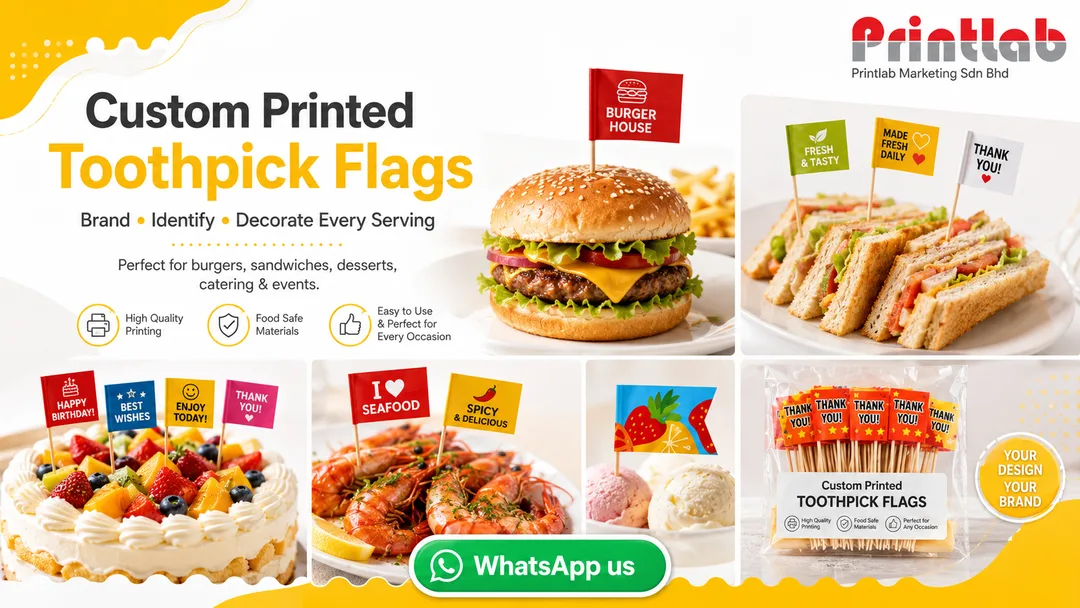 Custom printed toothpick flags with logo and food labels for catering and restaurants by Printlab Kuala Lumpur