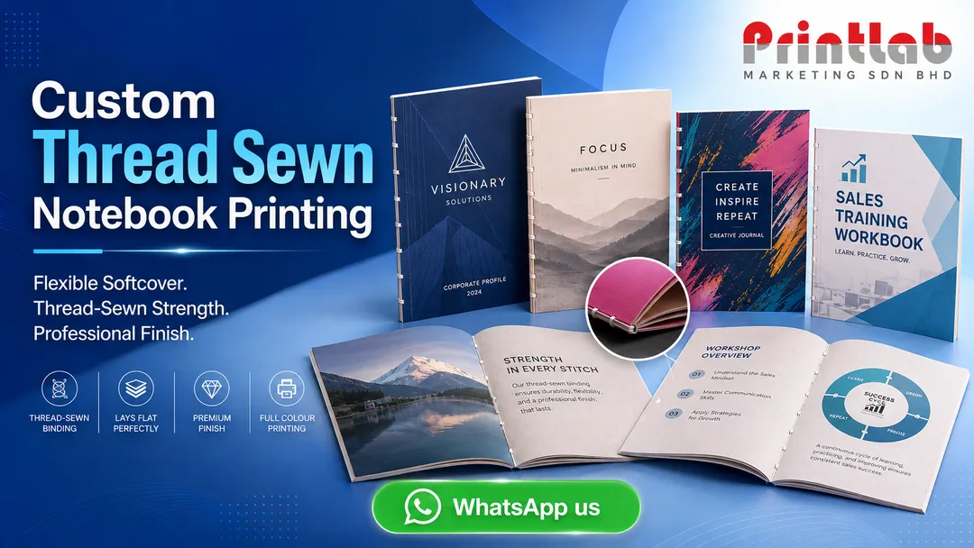 Custom saddle thread sewn softcover notebooks and books printed by Printlab Kuala Lumpur