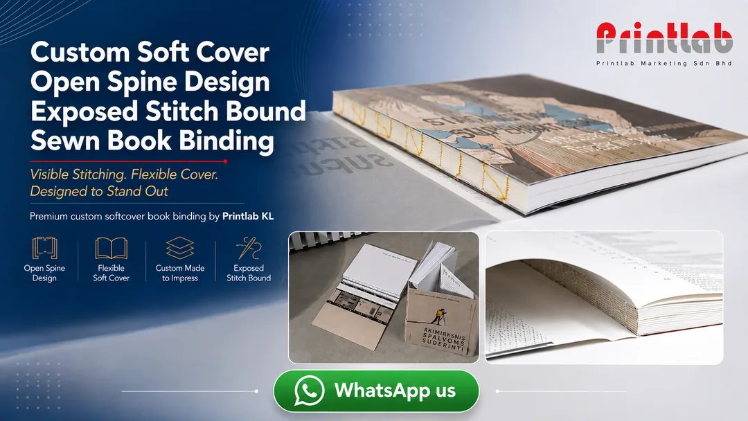 Custom soft cover open spine exposed stitch sewn book binding by Printlab Kuala Lumpur