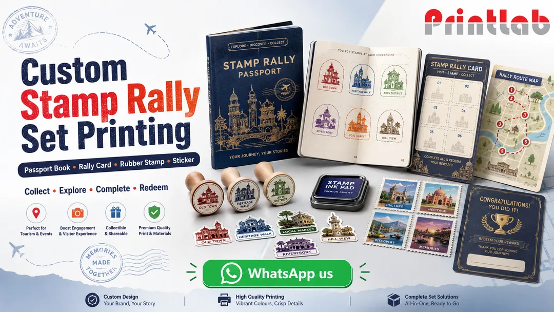 Custom stamp rally set with passport book, rally card, rubber stamps and collectible stickers printed by Printlab Kuala Lumpur