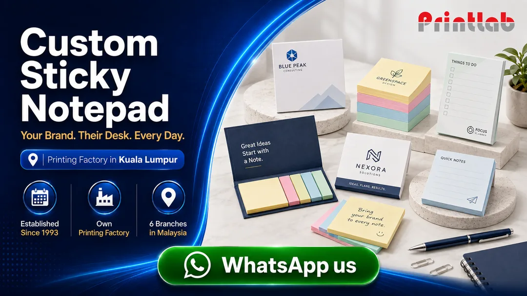 Custom printed sticky notepads with company logo by Printlab Kuala Lumpur