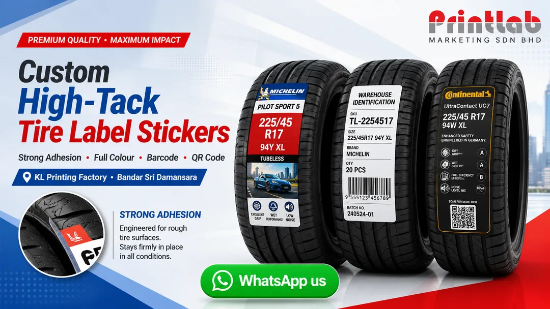 Custom high tack tire label stickers with tyre size barcode QR code and company logo printed by Printlab Kuala Lumpur