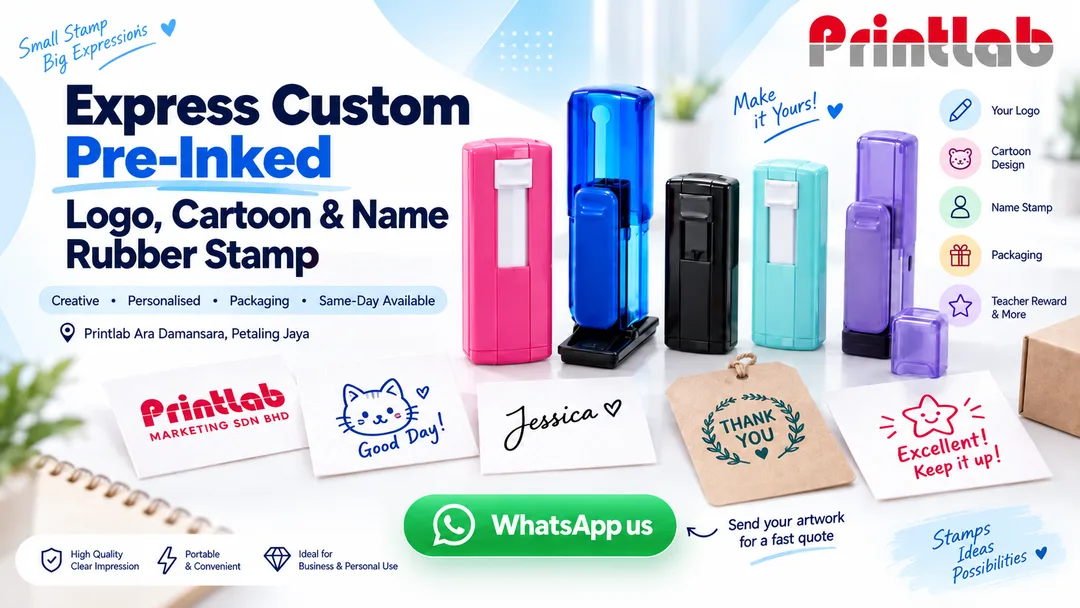 Express custom pre-inked logo cartoon graphic and name rubber stamp by Printlab Ara Damansara Petaling Jaya