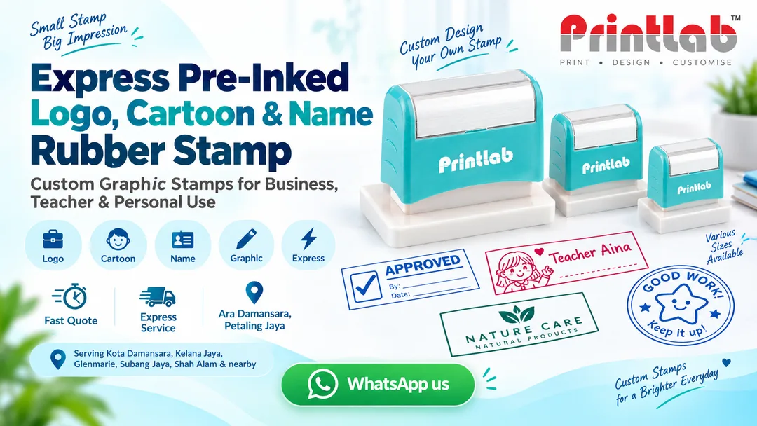 Creative personalised rubber stamp for logos cartoons packaging names and small business branding in Petaling Jaya