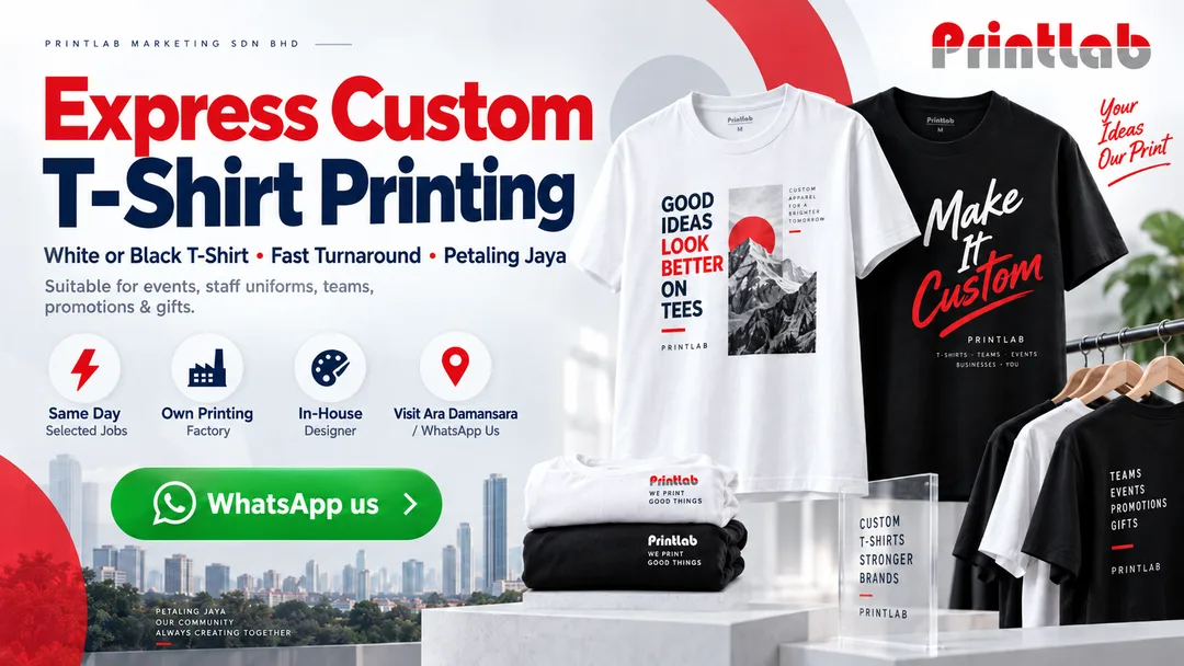 Express custom white and black T-shirt printing with logo at Printlab Ara Damansara Petaling Jaya