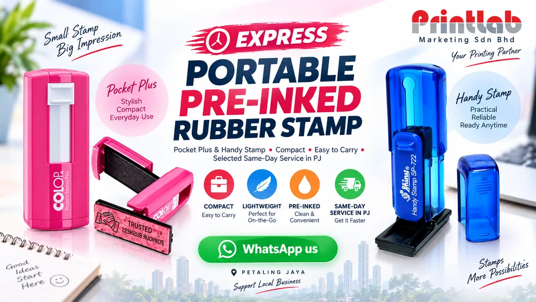 Express portable pre-inked pocket rubber stamp with custom company name logo and address by Printlab Ara Damansara Petaling Jaya