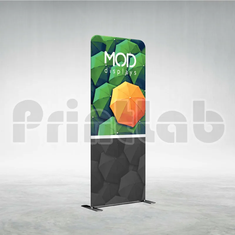 Fabric banner stand with custom printed design used at exhibition booth in Malaysia