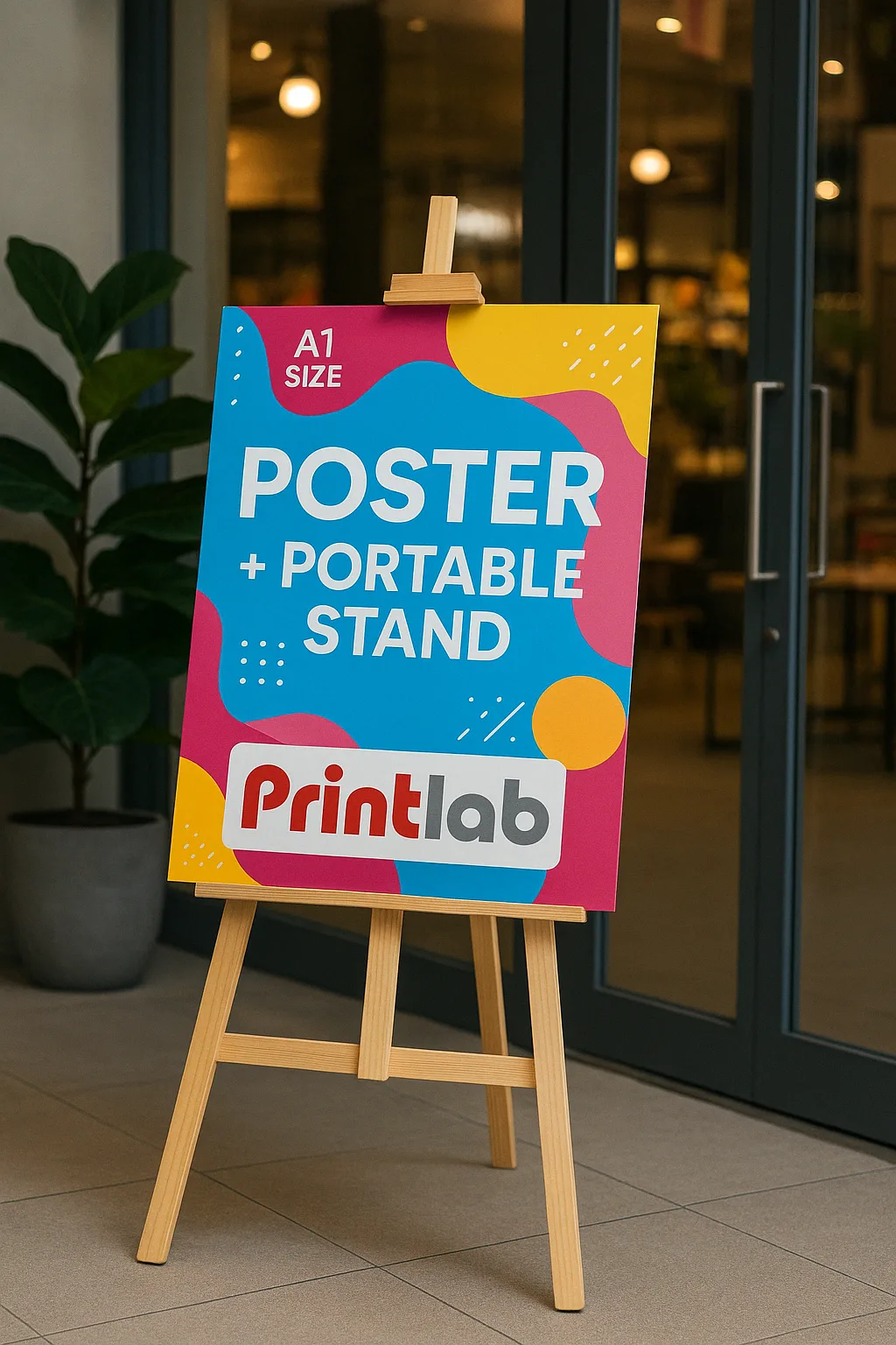 foam board poster on a wood portable stand