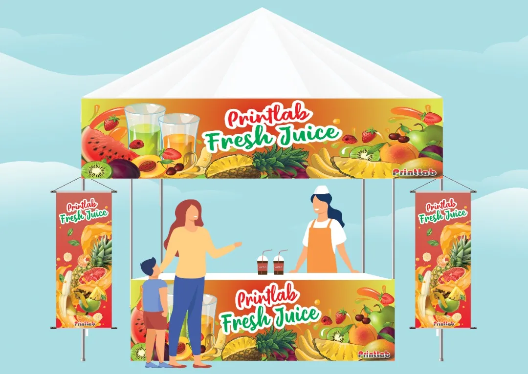 Pakej Gerai: Banner Kanopi + Banner Meja + Bunting Gantung