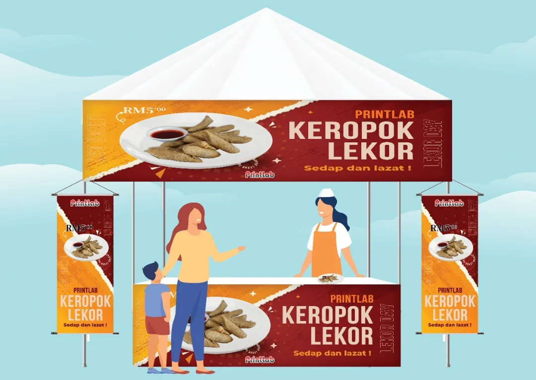 Pakej Gerai: Banner Kanopi + Banner Meja + Bunting Gantung