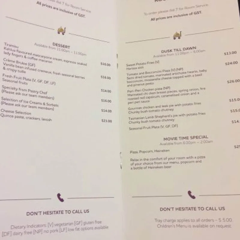 Room Food Menu book