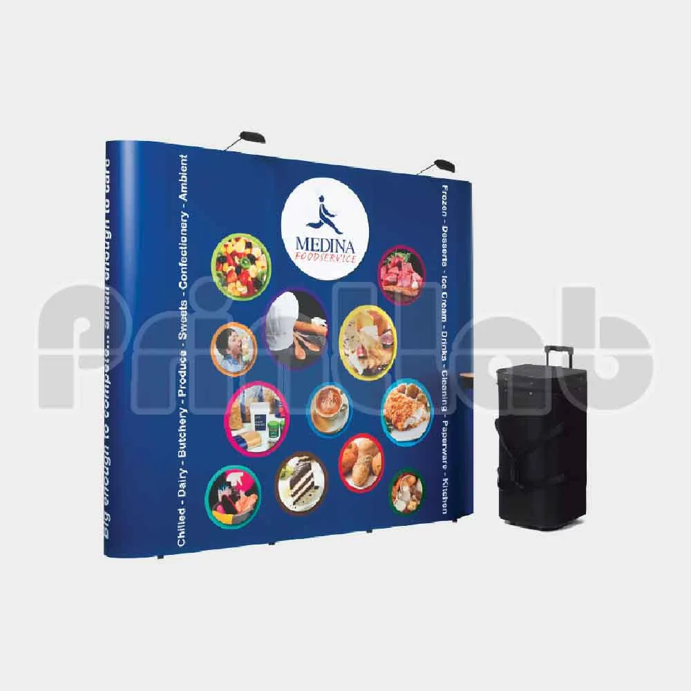 Portable pop-up display stand used as professional branding backdrop for corporate event and roadshow