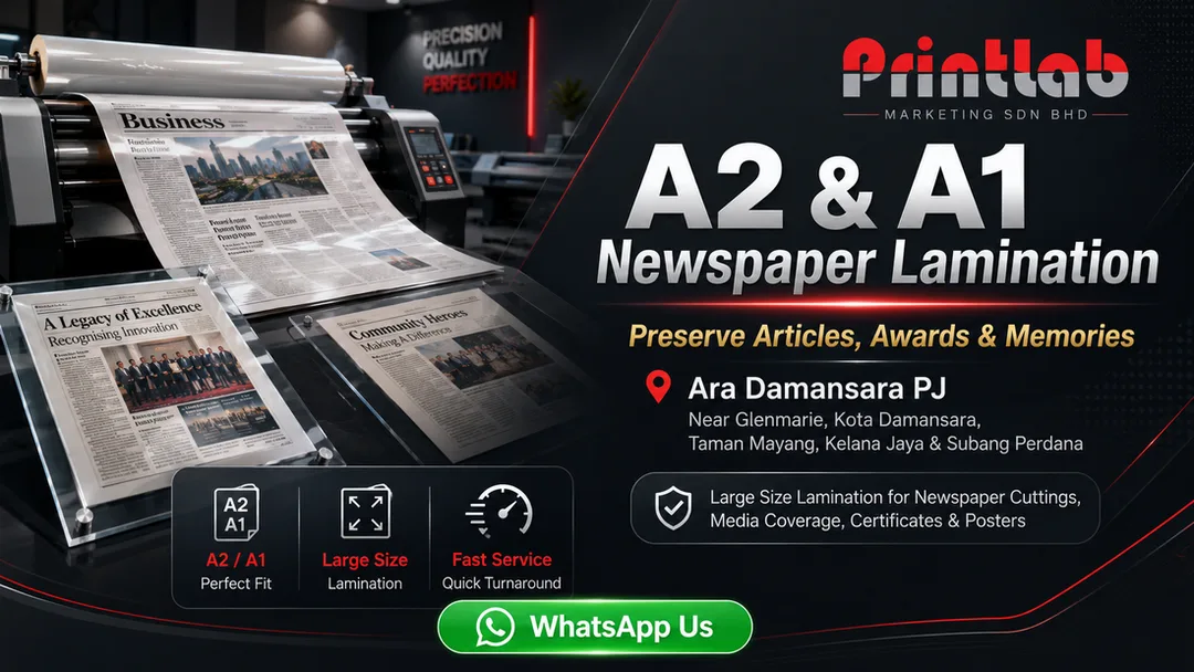 A2 A1 newspaper lamination service in Ara Damansara PJ by Printlab for newspaper cutting article media coverage certificate poster and keepsake preservation near Glenmarie Kota Damansara Kelana Jaya