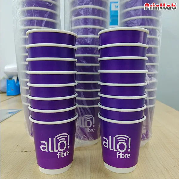 Custom paper cup printing showcasing logo, QR code, and marketing message on cup