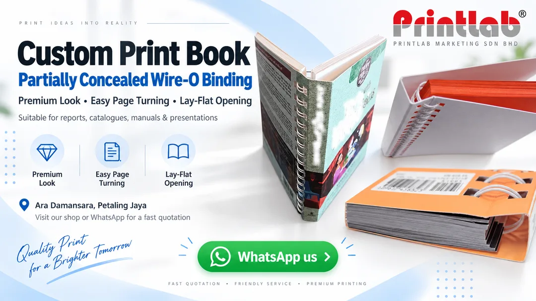 Custom printed book with partially concealed Wire-O binding and premium wraparound cover by Printlab Ara Damansara Petaling Jaya
