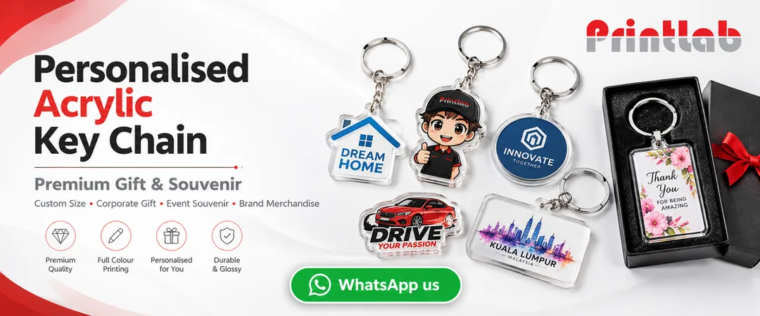 Personalised acrylic key chain premium gift and souvenir printing by Printlab Marketing Sdn Bhd Kuala Lumpur Malaysia