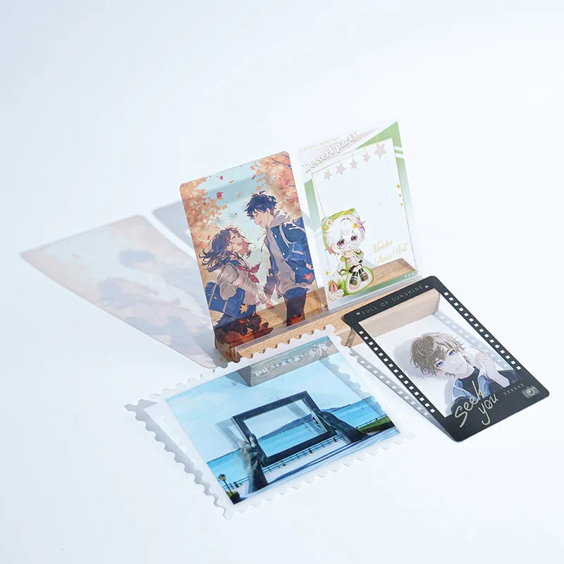 Clear anime photo cards with smooth edges and glossy PET finish