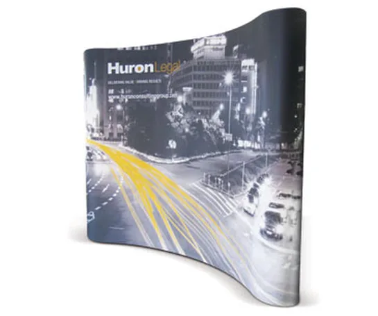 Easy-to-assemble pop-up display stand showcasing custom print graphics for trade show promotion