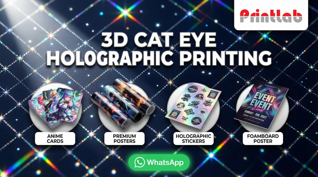 3D Cat Eye holographic printing Malaysia showing anime cards, posters and stickers with premium 3D depth effect by Printlab