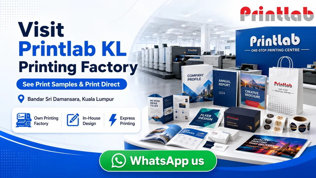 Printlab KL printing factory in Bandar Sri Damansara Kuala Lumpur with printing machines, finishing equipment and custom print samples
