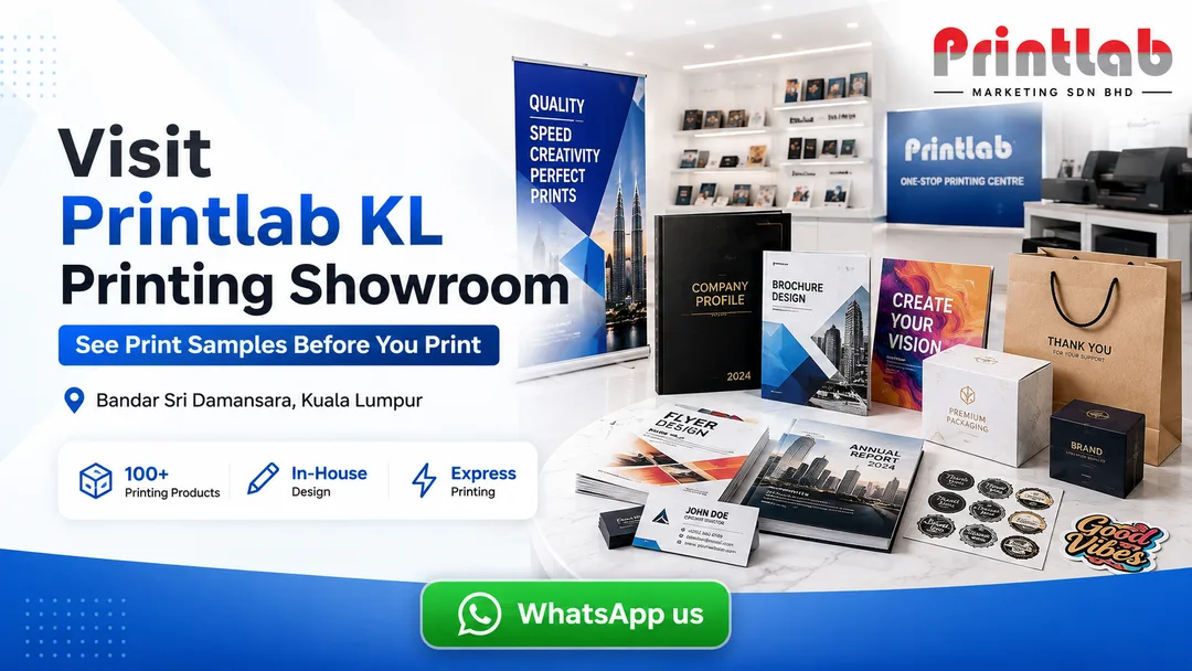 Printlab KL printing showroom in Bandar Sri Damansara Kuala Lumpur with custom printing samples, materials and finishing options