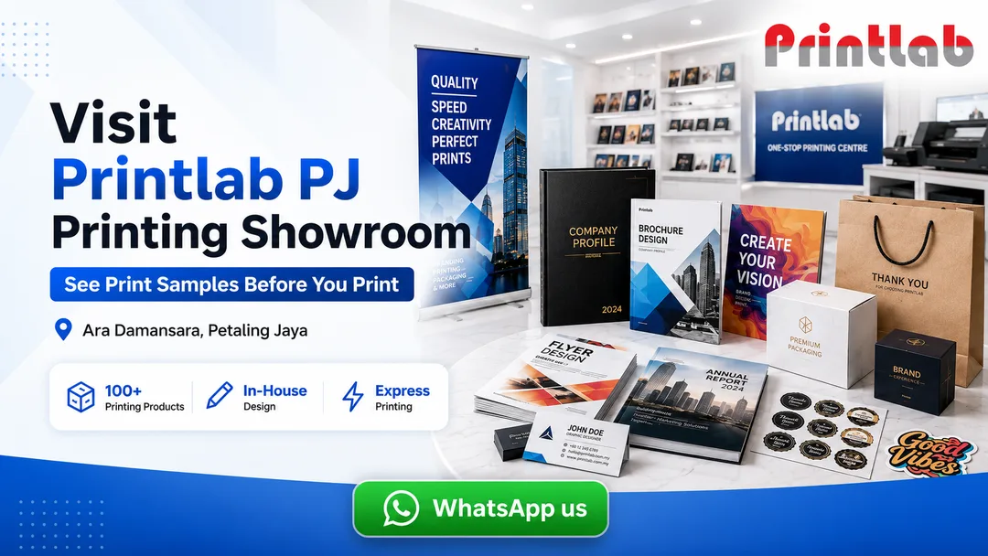 Printlab PJ printing showroom in Ara Damansara Petaling Jaya displaying custom printing samples, materials and finishing options