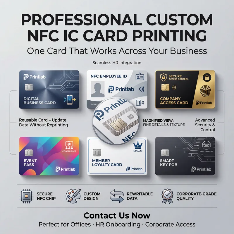 Luxury NFC business card Malaysia featuring custom corporate branding, gold stamping and 3D spot UV printing by Printlab.
