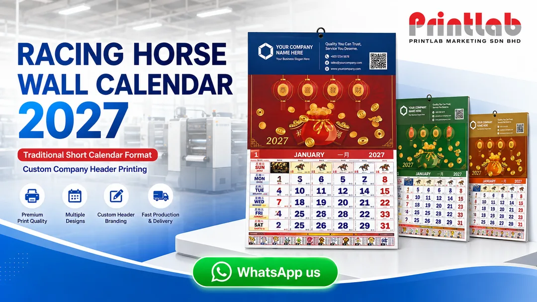 Racing Horse Wall Calendar 2027 printing with custom company header by Printlab KL printing factory in Bandar Sri Damansara Kuala Lumpur